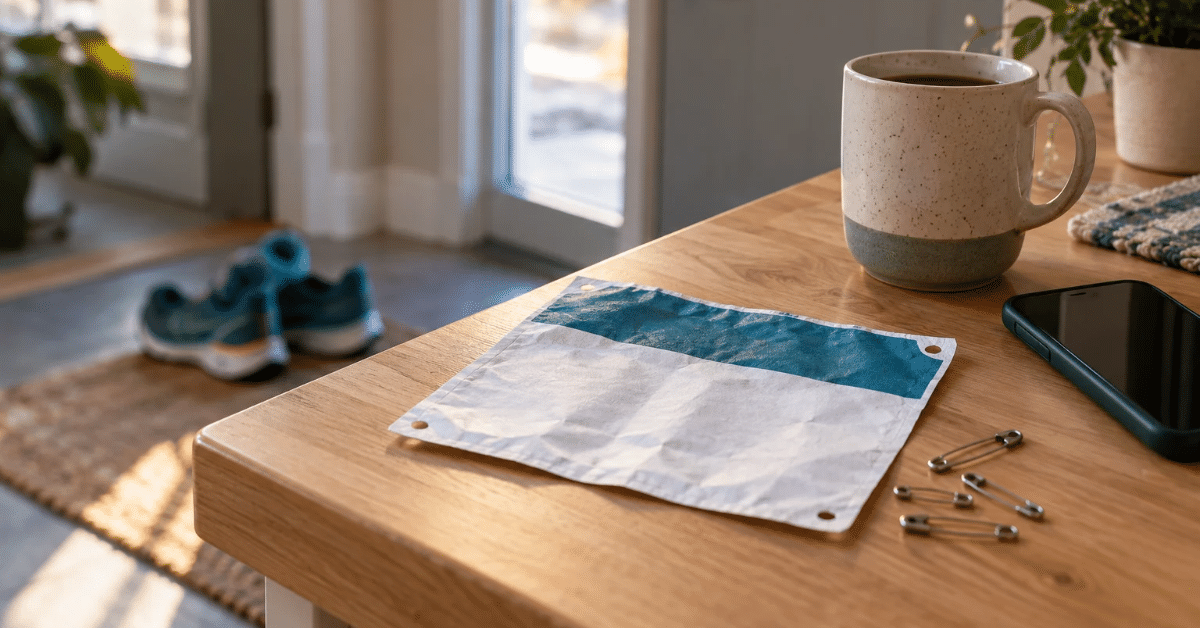 Injured Mid-Training Block? What to Do With a Race You Can’t Run Race bib with safety pins, coffee mug, and phone on a kitchen counter, with running shoes blurred in the background.